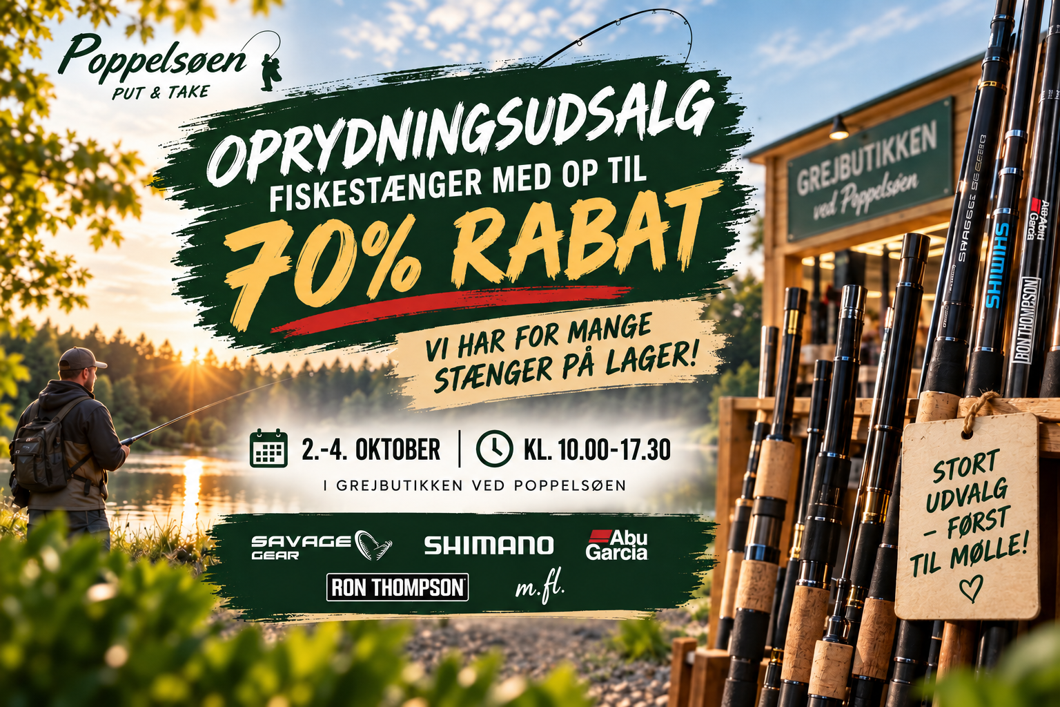 Oprydningsudsalg – fiskestænger med op til 70% rabat, 2.-4. oktober kl. 10.00-17.30 i Grejbutikken ved Poppelsøen